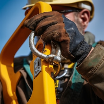 A close-up of a construction worker wearing a hard hat and gloves, gripping a yellow metal structure with a silver shackle. The image shows a focus on safety and attention to detail in a work environment.