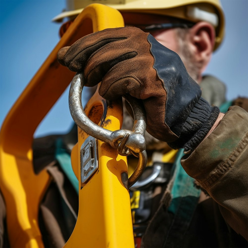 a man in a hard hat and safety gear holding a yellow safety gate