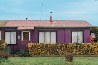a purple house with a red roof and windows