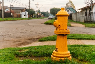 a yellow fire hydrant sitting on the side of a road