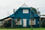 A quaint blue house with a steep roof and a central white door is surrounded by a wooden fence. The house features two windows flanking the entrance and a chimney peeking at the back. An attached open shelter on the side houses logs and various items.