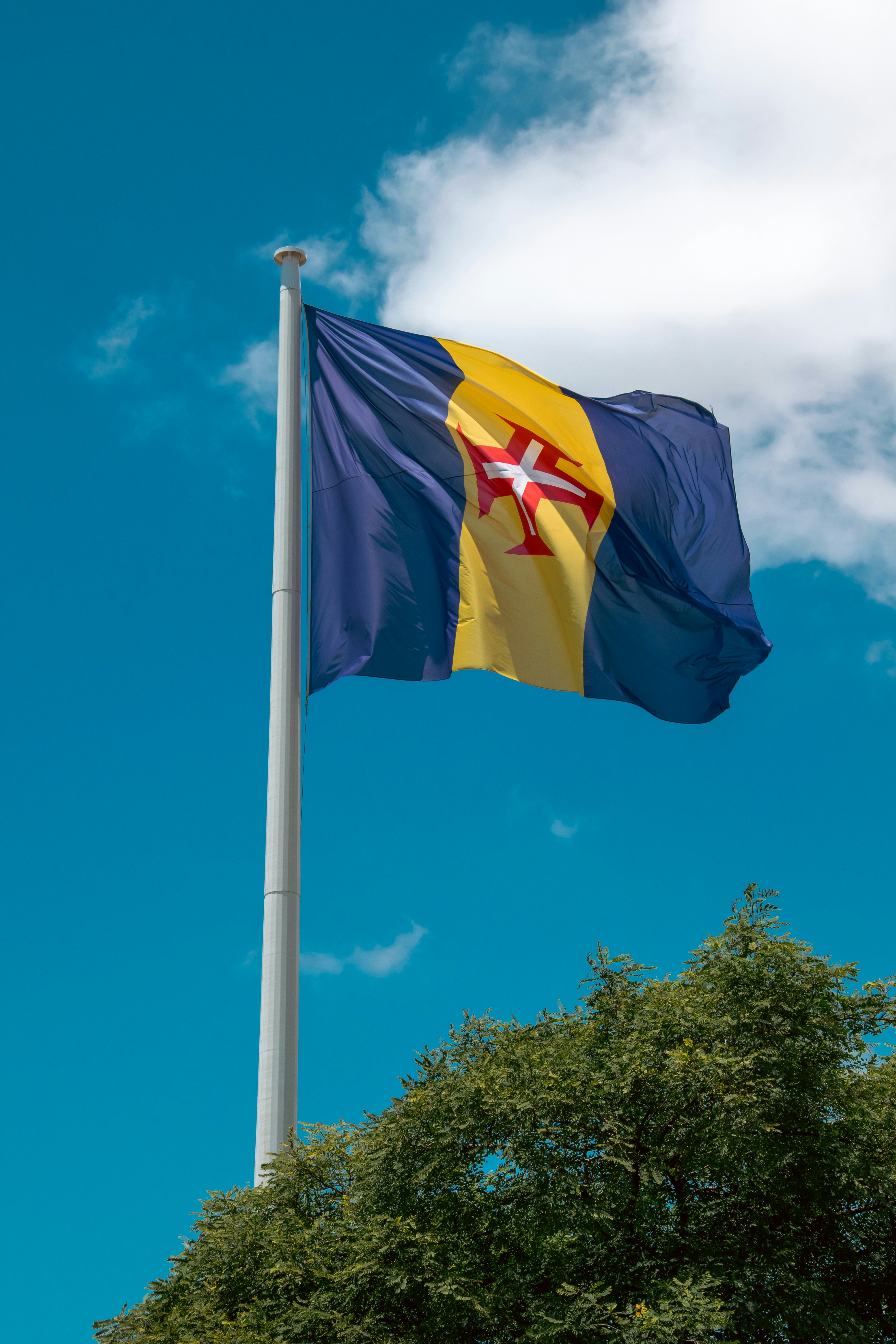 Die Flagge des Königreichs Schottland weht hoch am Himmel
