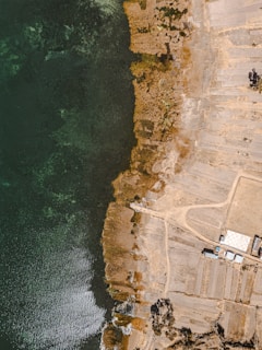 An aerial view of a coastal area featuring a dark green water body on the left side and arid land formations on the right. The shoreline is irregular, with patches of vegetation and exposed earth. There are some rectangular plots of land, suggesting agriculture or construction, along with a few buildings present on the right.