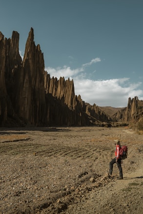 A hiker in outdoor gear stands on a rocky path, gazing at tall, dramatic rock formations under a clear blue sky. The landscape is arid with sparse vegetation, and the rock formations cast long shadows.