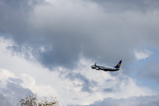 A commercial airplane is flying mid-air against a backdrop of dark, heavy clouds. The aircraft is predominantly white with blue accents, featuring a yellow logo on the tail. Tree tops are partially visible at the bottom of the image, indicating the plane's altitude.