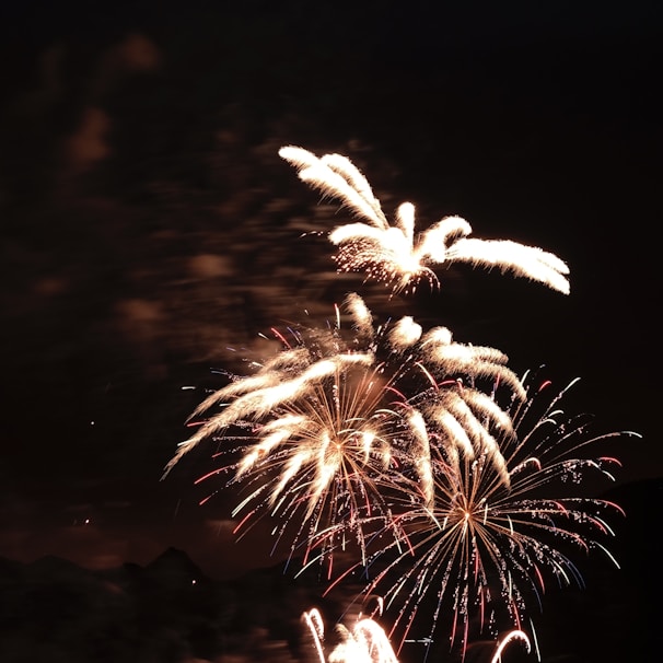 Close-up of the iconic Ayyan 120 shots classic night fireworks with bright, synchronized bursts