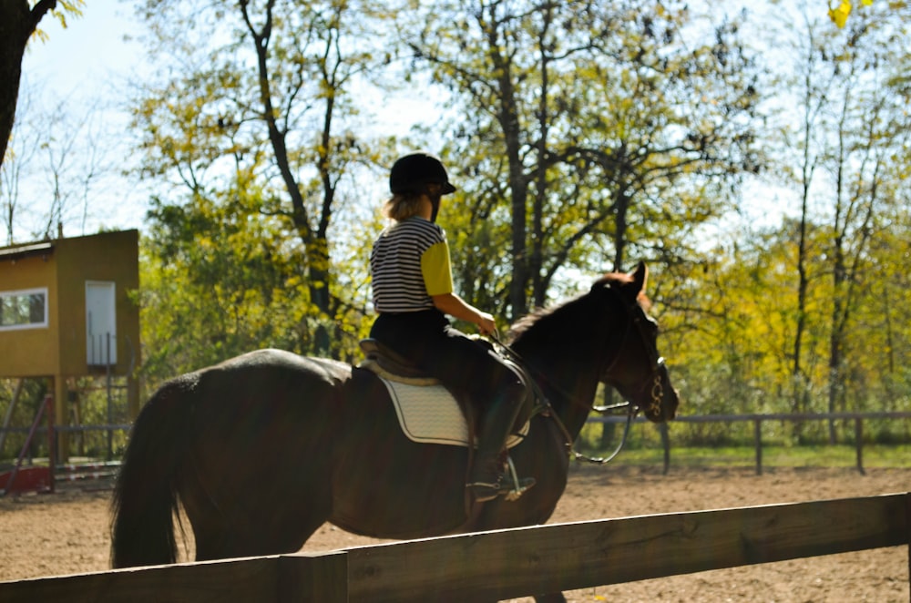 a young girl riding on the back of a brown horse