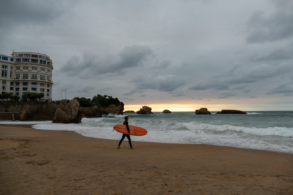 a person walking on a beach with a surfboard