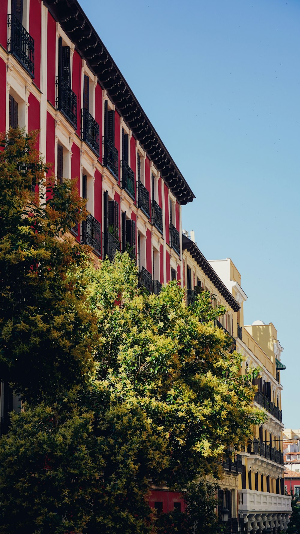 a tall red and white building sitting next to a lush green tree