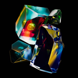 A collection of colorful laser-cut acrylic shapes displayed artistically.