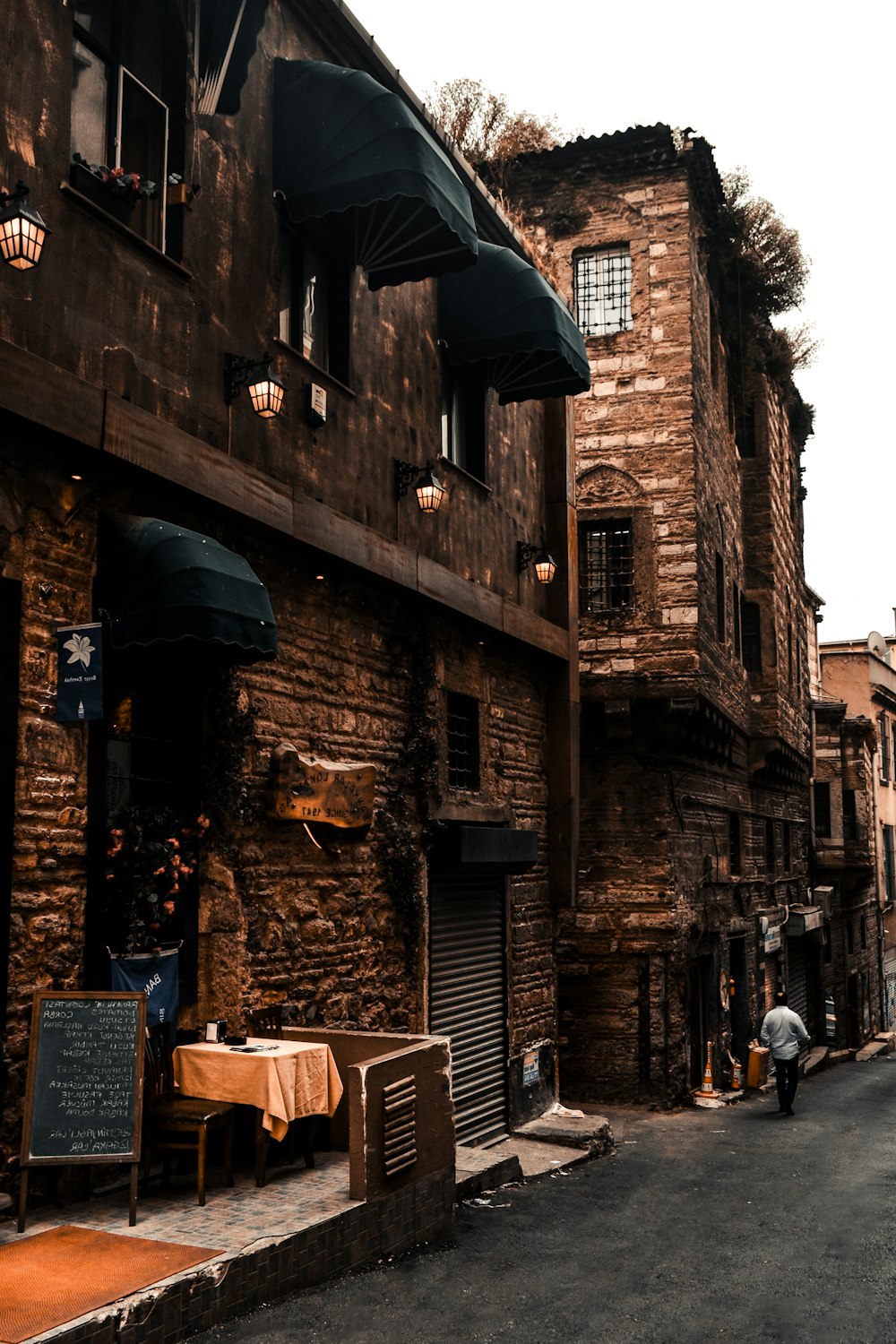 a person with an umbrella walking down a street