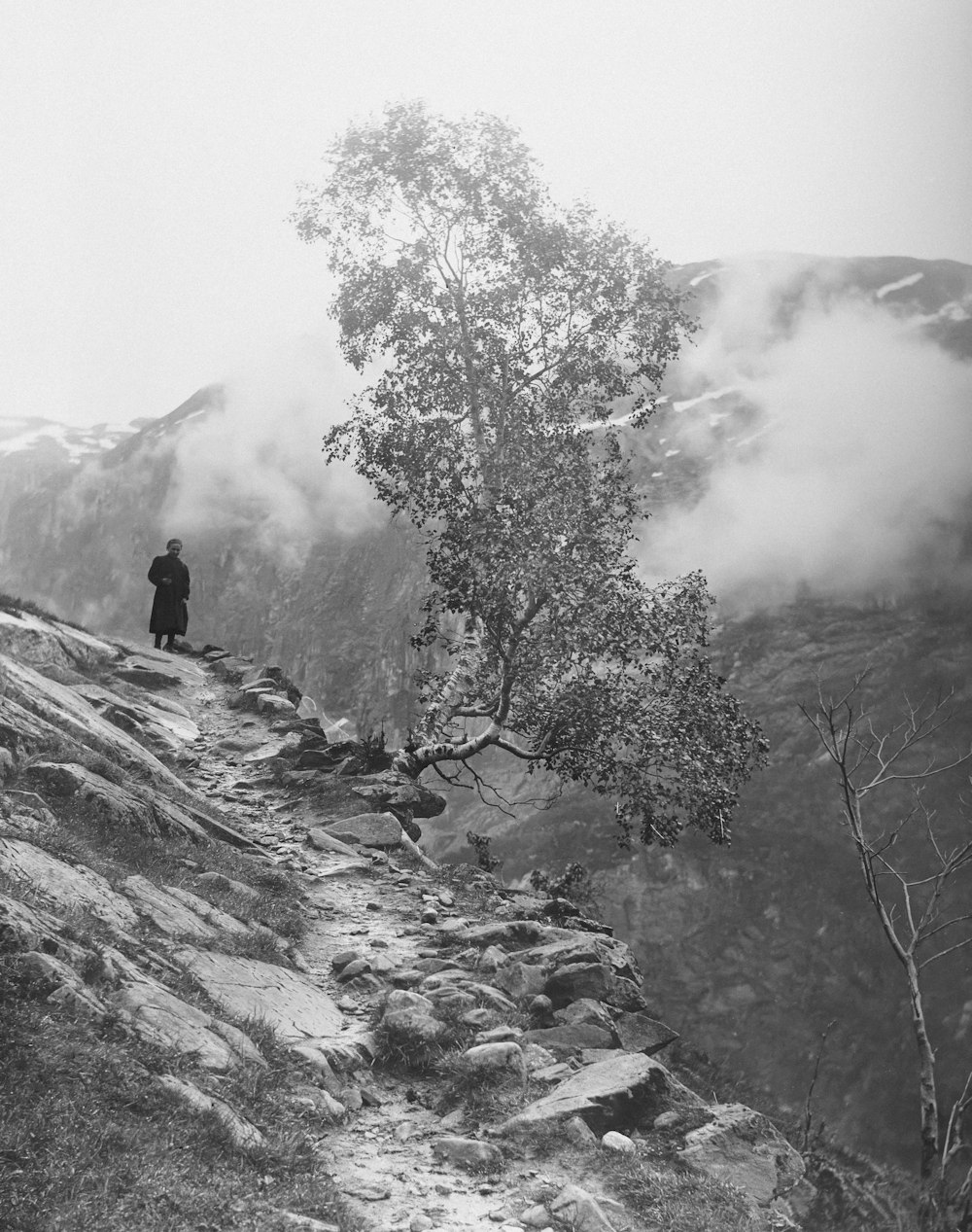 a black and white photo of a person standing on a mountain