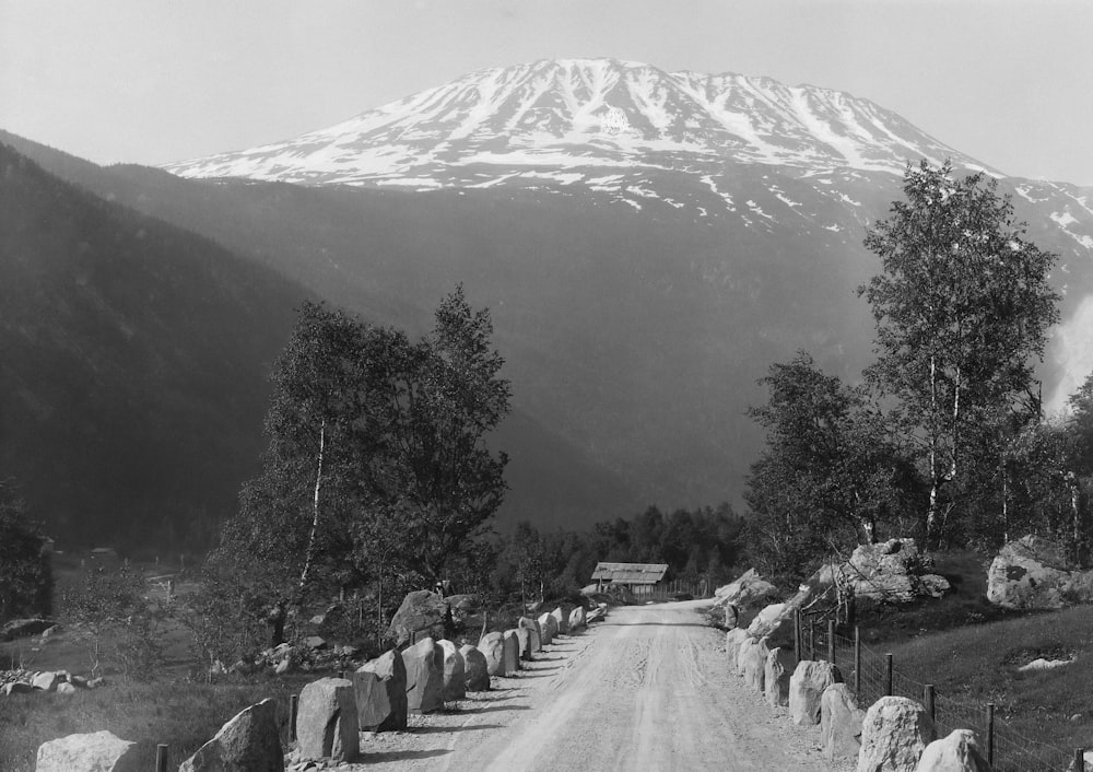 a black and white photo of a road with a mountain in the background