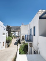 A narrow street flanked by whitewashed buildings with blue accents, typical of Mediterranean architecture. A Greek flag flutters on one of the buildings. The sky is clear and blue, and there is greenery lining the path.