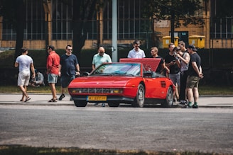 A group of enthusiasts gathered around a classic car.