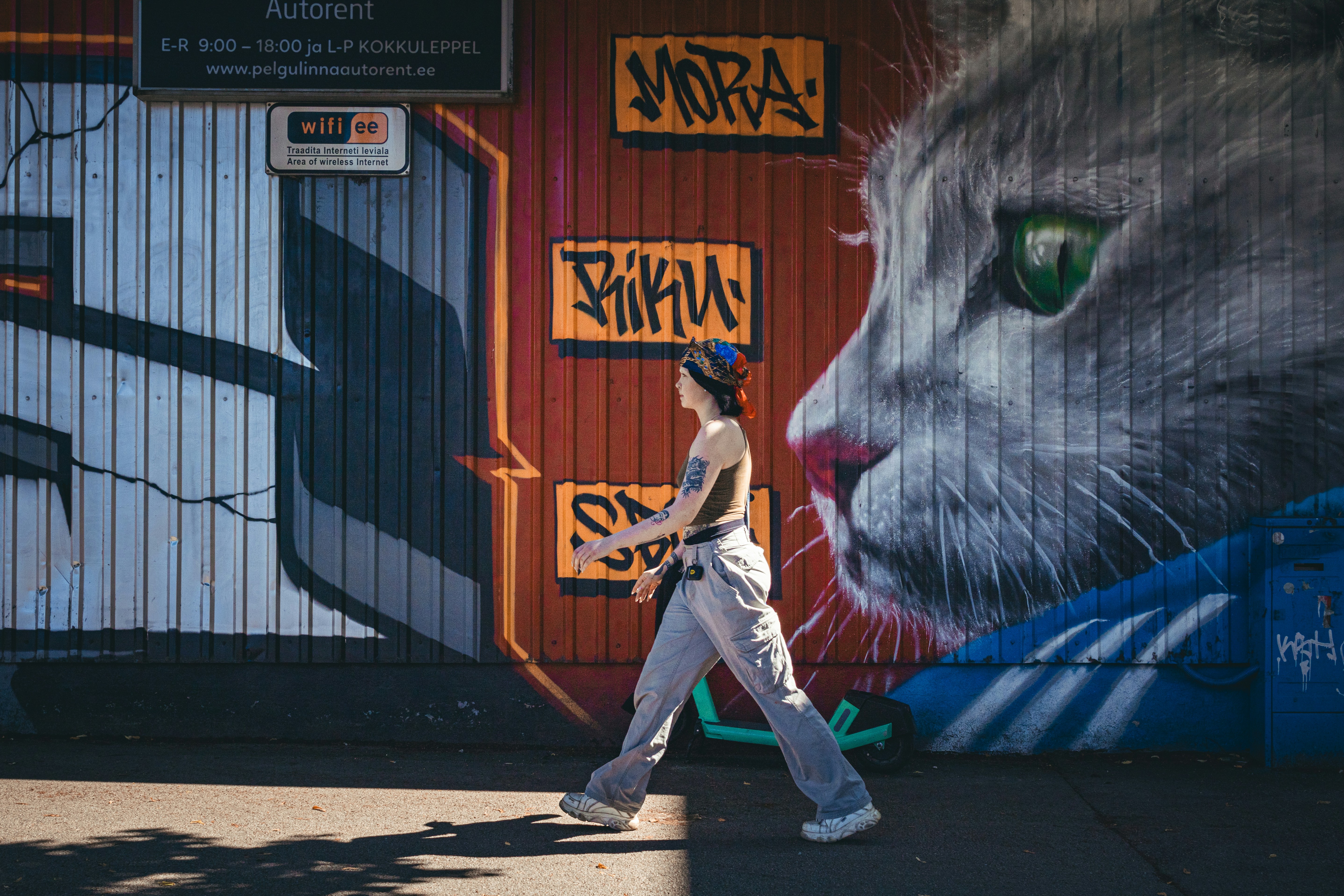 a woman walking down a sidewalk past a wall with a painting of a cat on