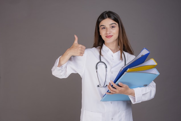 A woman in a white lab coat with a stethoscope around her neck is holding a stack of colorful folders in one hand and giving a thumbs-up with the other. She has long brown hair and is smiling confidently against a plain gray background.