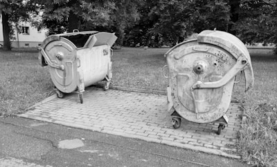 Two large metal dumpsters are positioned on a paved surface outdoors. One dumpster has its lid open with cardboard boxes sticking out, while the other is closed. The surroundings include grass and trees, creating a park-like setting. The image is in black and white.