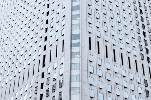 Wide shot of a completed façade system on a downtown commercial tower.