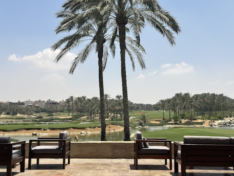 A serene outdoor setting featuring several palm trees in the foreground with a view of a vast green golf course and a clear blue sky. Comfortable patio furniture is arranged on a stone-paved terrace overlooking a small body of water and the lush landscape in the background.