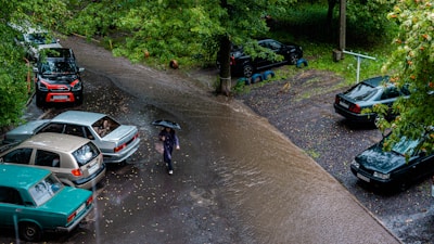 A flooded street scene with parked cars and a person holding an umbrella walking along the watery road. Surrounding trees are lush and green, and the ground is wet from rain. Several vehicles are parked along the street, with water covering parts of the road.