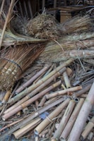 Bundles of dried grass and cut bamboo sticks are scattered together. The bamboo is in various sizes and is positioned randomly on a concrete floor. The grass is tied with twine, forming thick clusters.