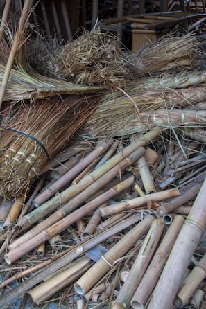 Bundles of dried grass and cut bamboo sticks are scattered together. The bamboo is in various sizes and is positioned randomly on a concrete floor. The grass is tied with twine, forming thick clusters.