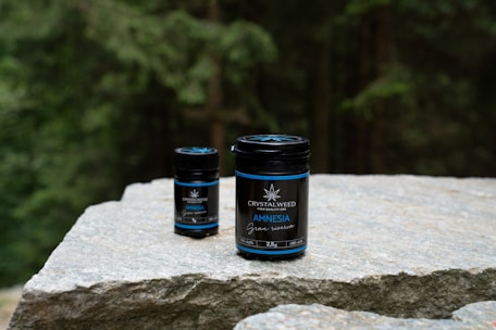 Two jars labeled 'Crystalweed Amnesia Canna' are placed on a large, flat stone surface, with a forested background. They appear to be products related to CBD or cannabis.