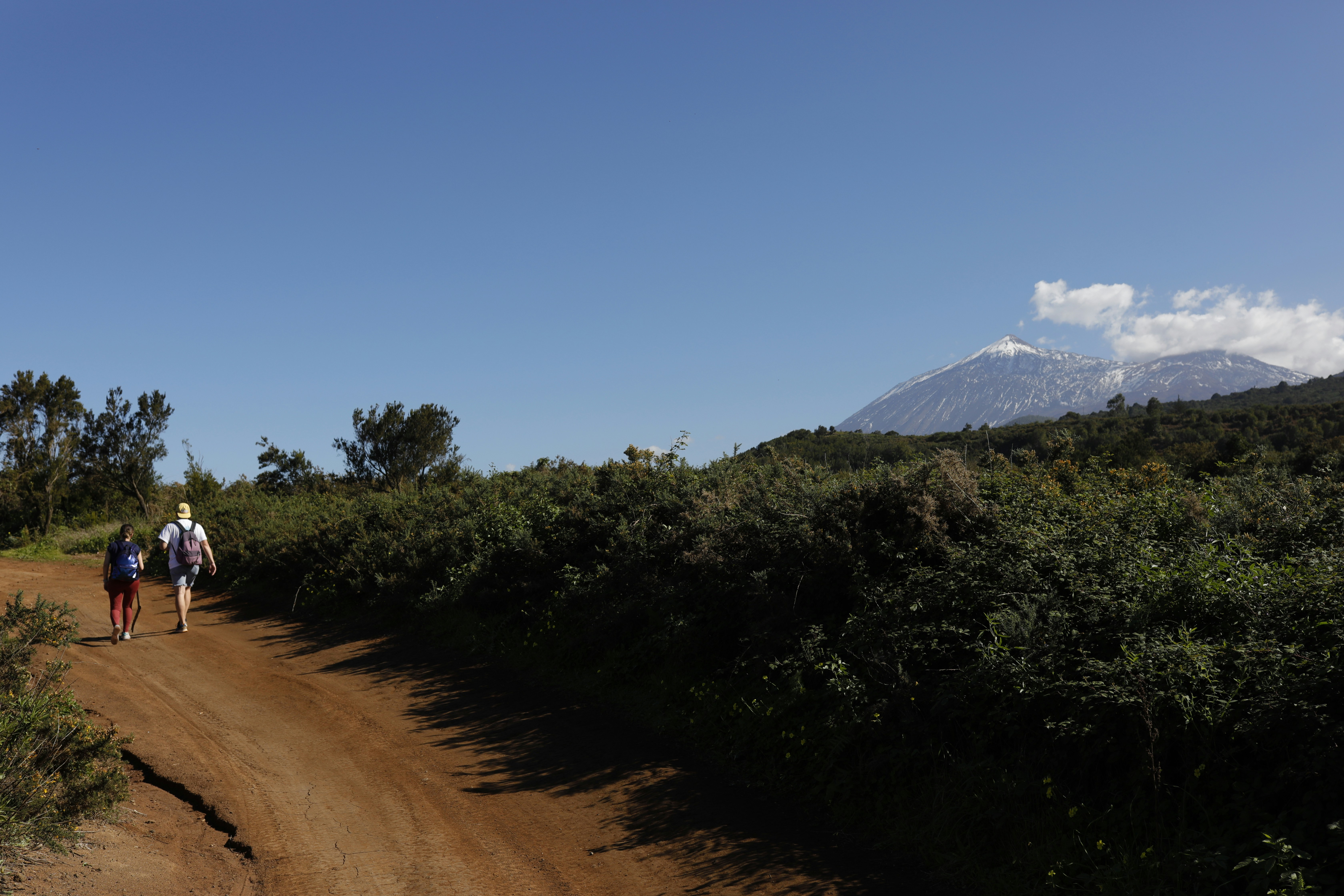 a couple of people walking down a dirt road