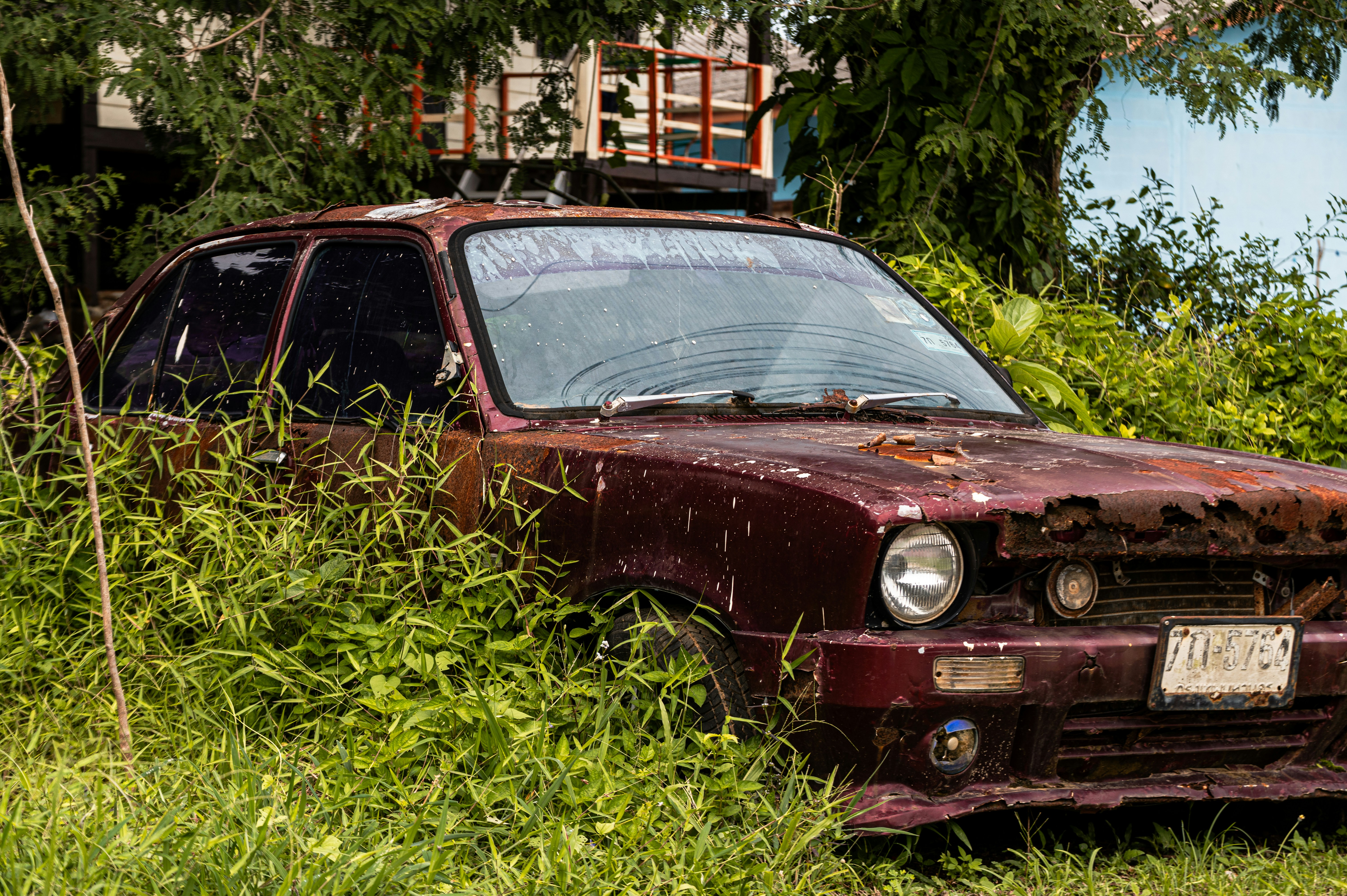 mobil berkarat duduk di ladang rumput tinggi