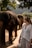 A woman stands on a dirt path next to a group of elephants in a natural, wooded environment. The scene is filled with green foliage and trees, and the woman appears to be observing the elephants closely. She is holding a folded cloth and a phone, dressed casually in light-colored clothing. The lighting suggests a sunny day, with the background featuring mountains covered in greenery.