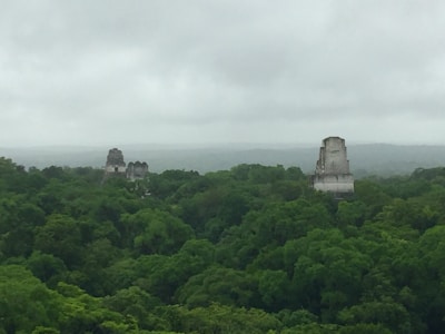 Ancient temple ruins rising through a misty jungle morning.