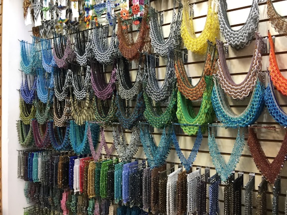 A stunning display of beaded necklaces handcrafted with care.