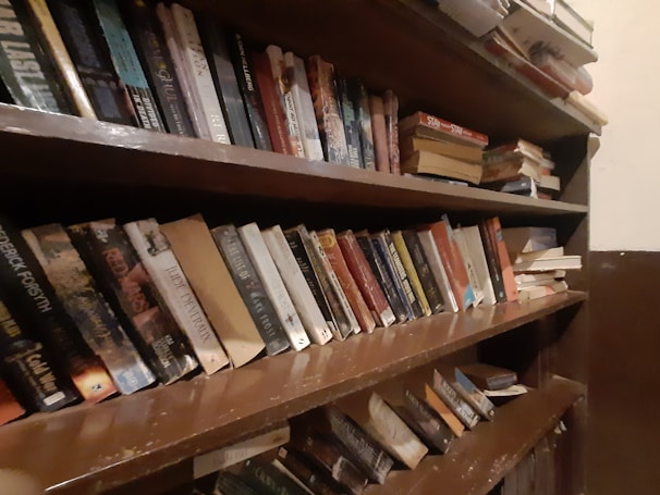 A visually appealing shot of a bookshelf filled with various books.