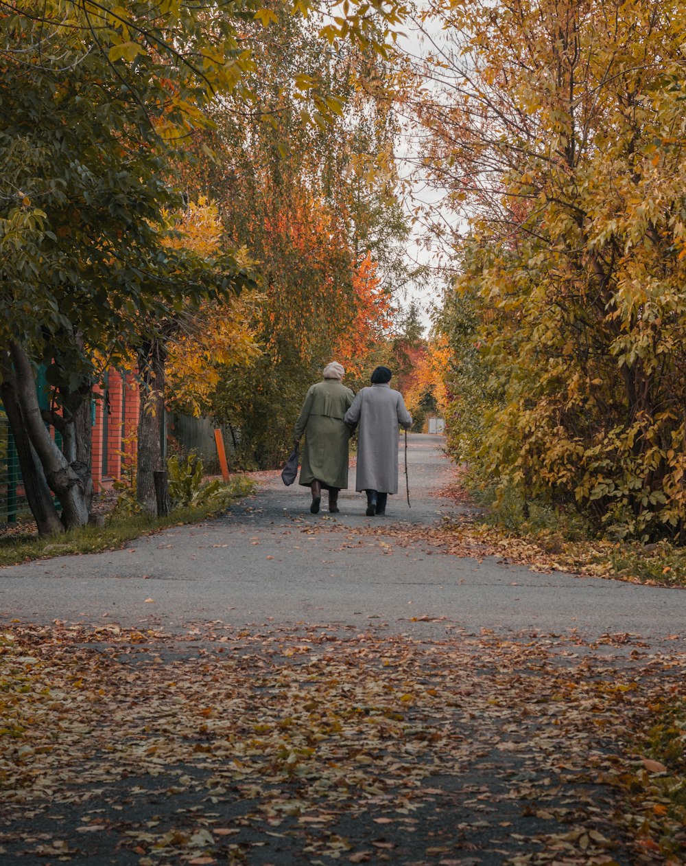 a couple of people walking down a leaf covered road