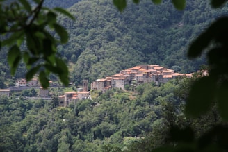 A small village with beige buildings and orange rooftops nestled in a dense forested hillside. The village features a prominent bell tower and is surrounded by lush, green trees, with some leaves in the foreground framing the scene.