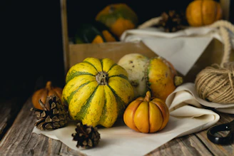 Close-up of a charming fall arrangement featuring colorful gourds and a cozy plaid throw on a wooden porch bench.