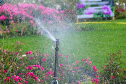 A lawn sprinkler waters a lush green garden surrounded by vibrant pink flowers. The water droplets form a mist as they spray, creating a dynamic and lively scene. In the background, there are blurred colorful plants and benches, suggesting a well-maintained park or public garden.