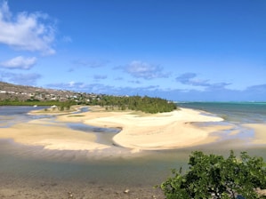 A serene coastal view of Namatoto island with lush greenery and clear blue waters under a bright sky
