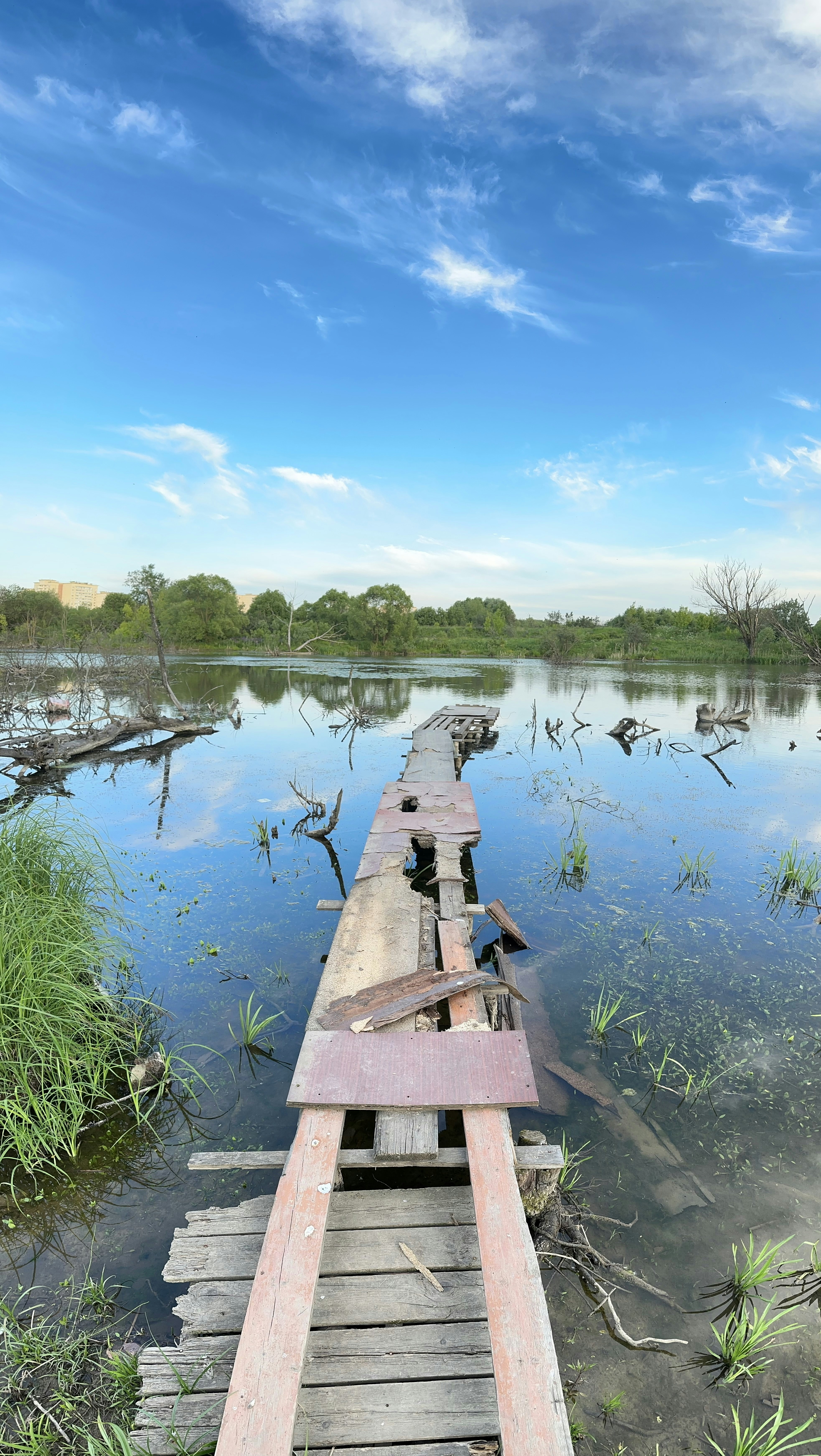 a long wooden dock sitting in the middle of a lake