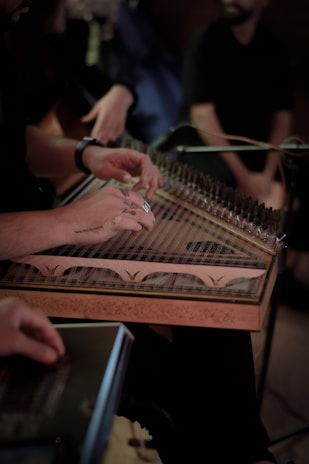 A musician's hands are seen playing a traditional string instrument, with focus on the strings and the intricate details of the wooden frame. The fingers are skillfully positioned, and there is a microphone nearby, suggesting a live performance or recording setting. A person with a blurred face is visible in the background.