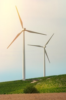 Two large wind turbines stand prominently on a grassy hill, surrounded by lush greenery and under a clear sky with soft lighting.