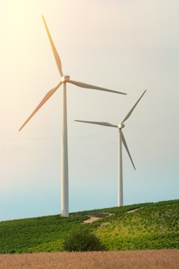 Two large wind turbines stand prominently on a grassy hill, surrounded by lush greenery and under a clear sky with soft lighting.