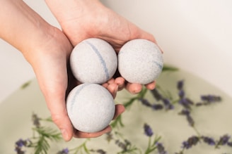 A pair of hands is holding three light-colored spherical objects, likely bath bombs, over a bath filled with water and floating lavender sprigs.