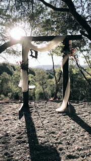 A scenic outdoor setting with a wooden arch decorated with white drapery and floral arrangements. Sunlight filters through the trees, creating dappled shadows on the ground. The backdrop reveals a lush, green landscape with distant hills.