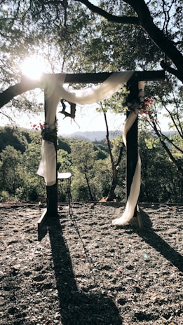 A scenic outdoor setting with a wooden arch decorated with white drapery and floral arrangements. Sunlight filters through the trees, creating dappled shadows on the ground. The backdrop reveals a lush, green landscape with distant hills.
