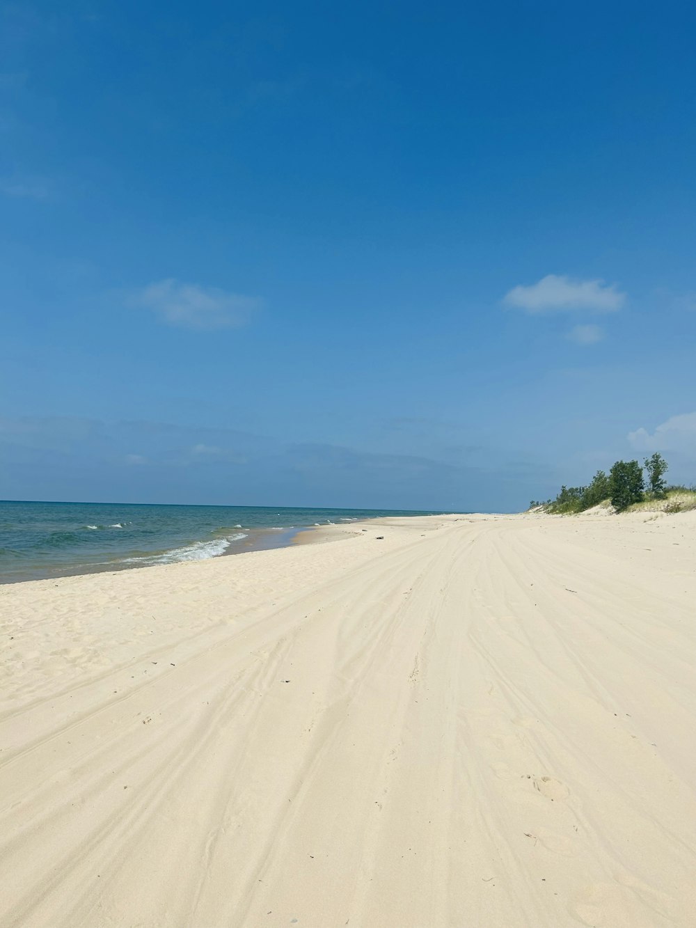 a sandy beach with a blue sky and ocean in the background