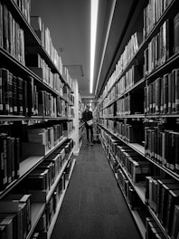 An image depicting a student conducting research in a library.