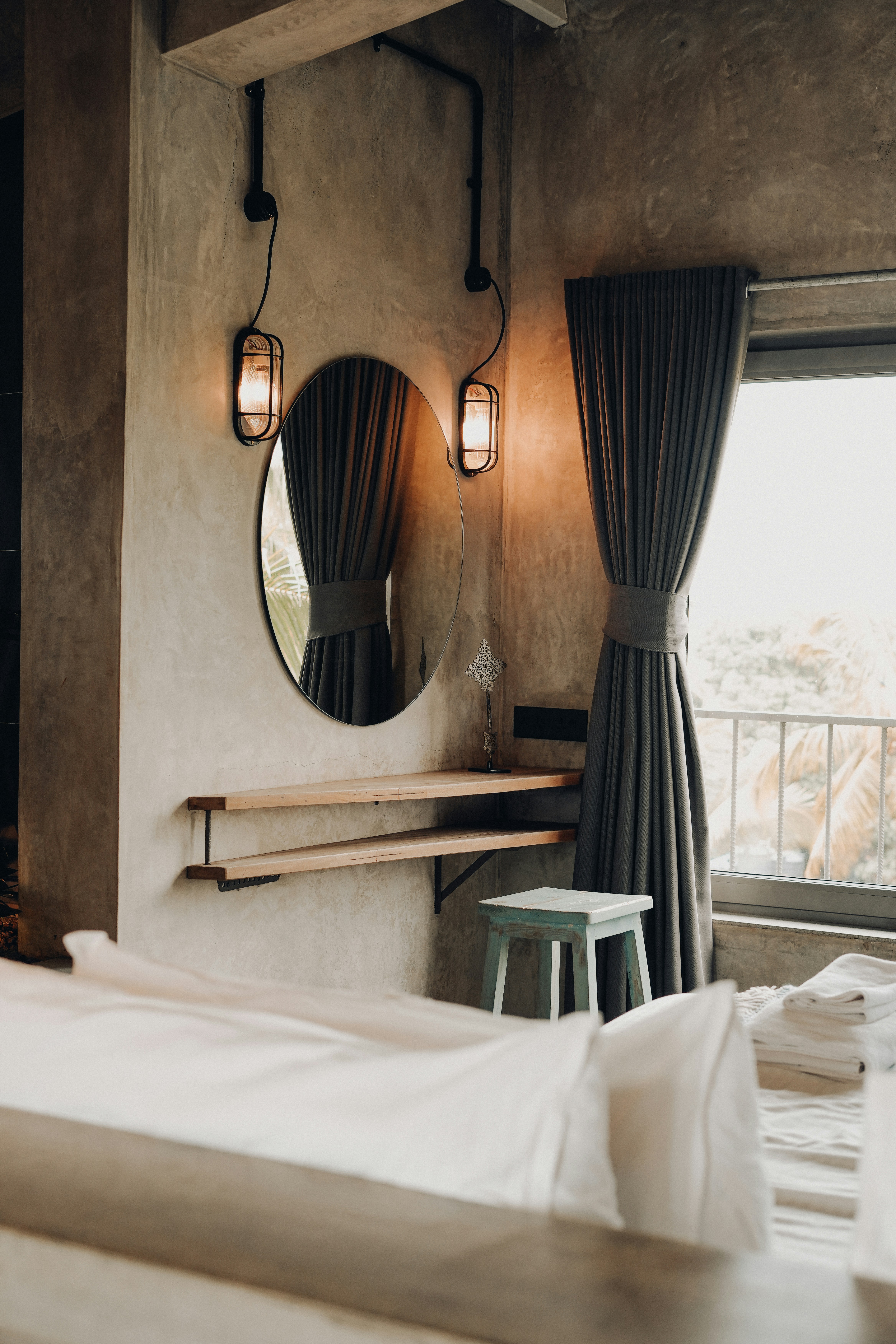 Custom golden curtains in a modern bedroom