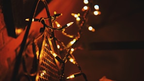 Outdoor decor featuring soft glowing lights wrapped around a metal frame, creating a cozy evening ambiance.